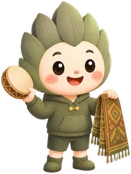 Maskot membawa kain dan rebana