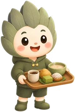 Maskot membawa nampan makanan